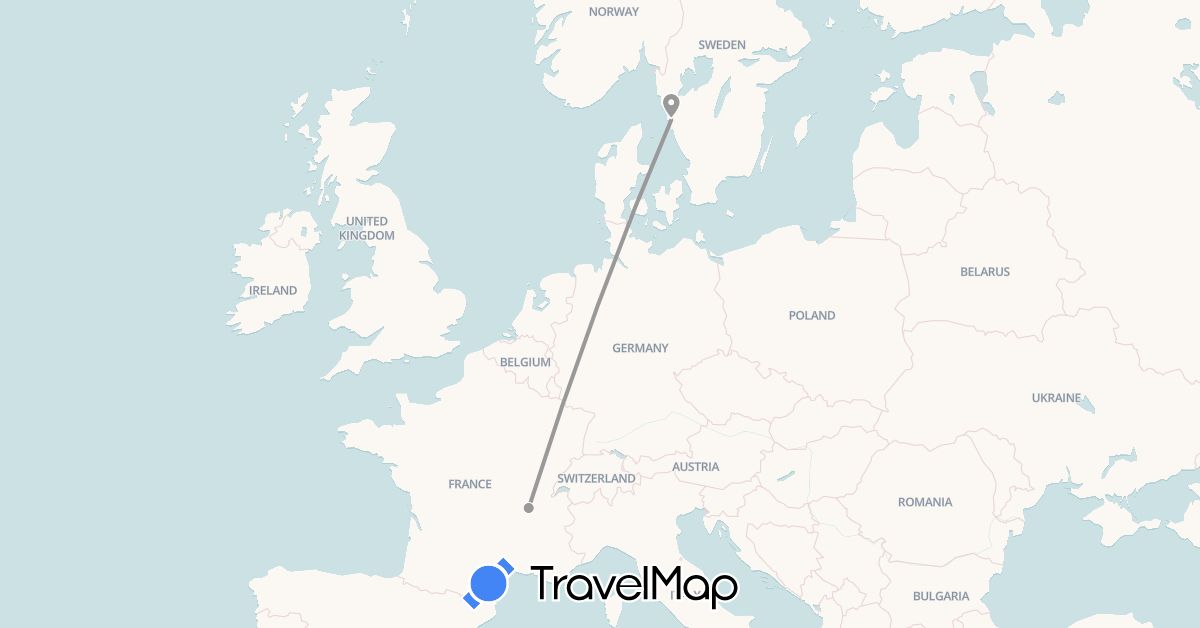 TravelMap itinerary: driving, plane in France, Sweden (Europe)